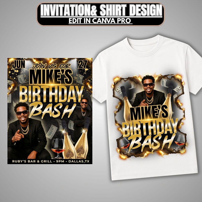 K&ouml;nnte beinhalten: Wei&szlig;es T-Shirt mit einem Design f&uuml;r eine Geburtstagsfeier. Das Design zeigt einen Mann, Champagnerflaschen, Weingl&auml;ser und den Text "Mike's Birthday Bash". Ein Einladungsdesign ist ebenfalls abgebildet.
