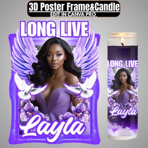 May include: A purple memorial candle and framed poster with the text "LONG LIVE" and "Layla". The image features a woman in a purple dress, white doves, and purple flowers. The candle has a lit flame.