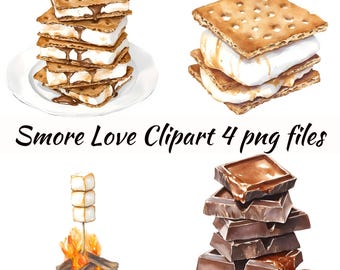 Smore Love Clipart-aquarel Smores Food Art commercieel gebruik PNG kampvuur digitaal