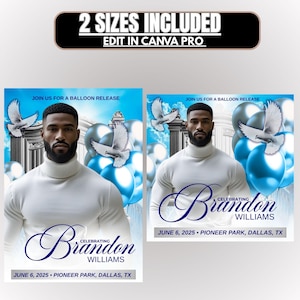 Può includere: Due inviti digitali con un uomo in dolcevita bianco, palloncini blu e argento e colombe. Gli inviti recitano "Unisciti a noi per un rilascio di palloncini" e "Celebrando Brandon Williams, 6 giugno 2025, Pioneer Park, Dallas, TX."
