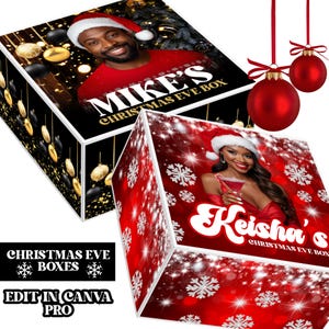 May include: Two Christmas Eve boxes with personalized photos and names. One box features a man in a Santa hat, the other a woman. Red and white snowflake design with text "Christmas Eve Boxes" and "Edit in Canva Pro".