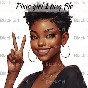 May include: A digital illustration of a woman with short, curly black hair. She is smiling and giving a peace sign with her right hand. She is wearing gold hoop earrings and a black shirt with a gold necklace.