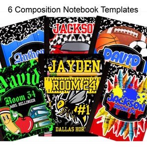 May include: Six composition notebook templates with various designs. The notebooks feature names like Jackson, David, and Jayden, along with sports themes, school supplies, and a racing car. The covers are black with colorful accents.