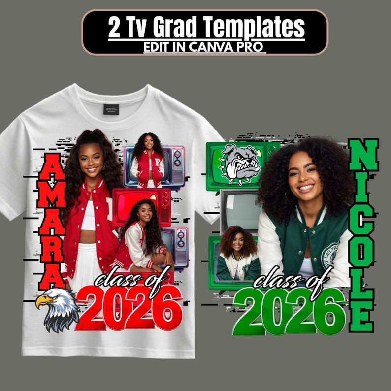 Op de afbeelding: Wit T-shirt met twee afstudeerontwerpen. E&eacute;n ontwerp heeft de naam "AMARA" in rood, de tekst "class of 2026" en een adelaarsafbeelding. Het andere ontwerp heeft de naam "NICOLE" in groen en de tekst "class of 2026".