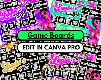Bordspelfeest Canva-sjabloon bewerkbare vrijgezellenfeest, verjaardagsspelborden, DIY aanpasbare gepersonaliseerde naam digitale download