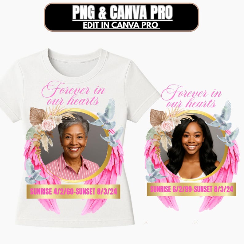 Puede incluir: Camisetas blancas con un dise&ntilde;o conmemorativo. Cada camiseta presenta una foto dentro de un marco dorado, rodeada de plumas rosas, palomas y elementos florales. El texto "Forever in our hearts" est&aacute; encima de la foto, con fechas debajo.