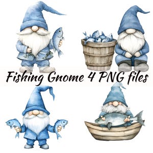 Fishing Gnome Clipart- Watercolor blue Gnome PNG - Commercial Use Gnome Lovers