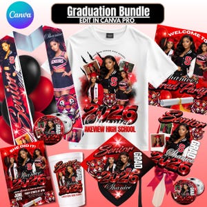 Puede incluir: Un paquete de graduación con una camiseta blanca, una banda, una gorra y artículos para fiestas. Los artículos son rojos y negros con el texto "Senior 2026" y "Shanice". Incluye un gráfico de tigre y fotos de una graduada.