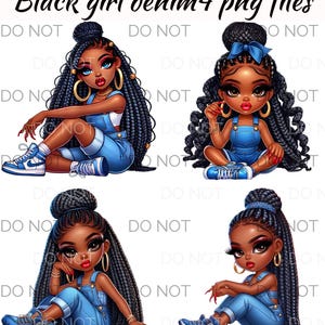 Op de afbeelding: Vier illustraties van zwarte meisjes in spijkergoed outfits. Elk meisje heeft lang, gevlochten haar en draagt spijkergoed overalls of jeans met sneakers. De tekst "Black girl denim4 png files" staat bovenaan de afbeelding. De woorden "DO NOT" worden herhaald.