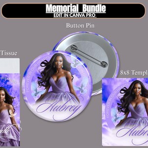 May include: A memorial bundle with a button pin, pocket tissue, and an 8x8 template. The design features a woman in a purple dress, doves, and the name "Aubrey". The text "Forever in Our Hearts" is included.