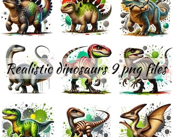 May include: Nine digital illustrations of realistic dinosaurs with colorful paint splatters in the background. The dinosaurs are in various poses and include a Stegosaurus, Triceratops, Velociraptor, and Pterodactyl.