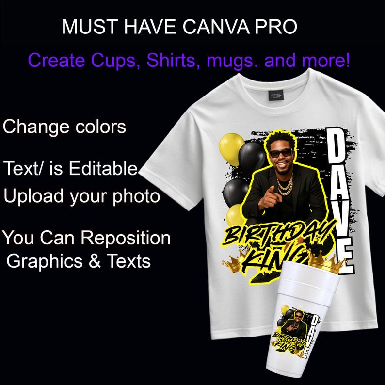 May include: White t-shirt and cup with a graphic of a man, balloons, and the text "BIRTHDAY KING". The image also includes the text "MUST HAVE CANVA PRO" and instructions to create custom designs.