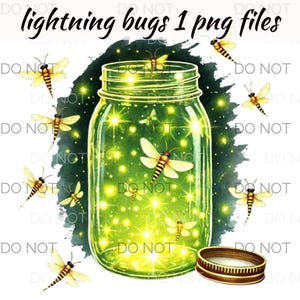May include: A mason jar filled with glowing fireflies, with a few fireflies flying around the jar. The jar has a green background and the fireflies are yellow and black.