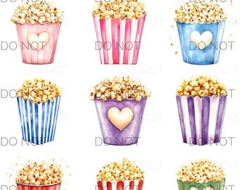 Może przedstawiać: Akwarelowa ilustracja dziewięciu wiader popcornu w różnych kolorach, w tym różowym, niebieskim, czerwonym i zielonym. Każde wiadro jest wypełnione popcornem i ma wzór serca. Tekst "popcorn buckets 9 png files" znajduje się na górze.
