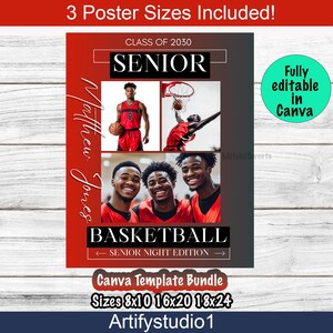 Könnte beinhalten: Eine rote und schwarze Basketball-Abschlussball-Poster-Vorlage mit einem Basketballspieler in der Mitte und dem Text "Klasse von 2030", "Senior", "Matthew Jones", "Basketball", "Abschlussball-Abend", "Canva-Vorlagenpaket", "Größen 8x10 16x20 18x24" und "Artifystudio1".