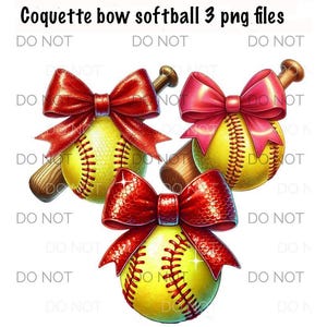 Könnte beinhalten: Drei Softball-Grafiken mit roten und rosa Schleifen. Jeder Softball hat einen gelben Hintergrund mit roten Nähten. Die Grafiken sind perfekt für Sublimations-Projekte.