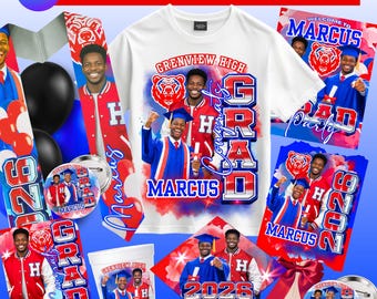 Graduation 2026 red white blue Shirt & Stole Invite yard sign Bundle Canva Template Editable Custom Name Photo Digital Download
