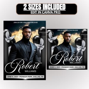 May include: Black and white event flyer with a portrait of a man in a black suit, doves, and balloons. The flyer includes the text "Join us for a balloon release" and "Robert Williams Celebrating". The flyer also includes the text "June 6, 2025 • Pioneer Park, Dallas, TX".