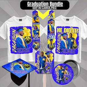 May include: A graduation bundle featuring a white t-shirt, a graduation cap, a button, and a bookmark. The items have a blue and yellow design with the name "Jackson" and the year "2026". The t-shirts have the text "He Did It!"