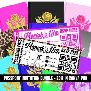 May include: A collection of passport-themed invitations for an 18th birthday party. The invitations feature a boarding pass design with the text "Mariah's 18th Birthday Bash" and RSVP information. The bundle includes various colors and designs.