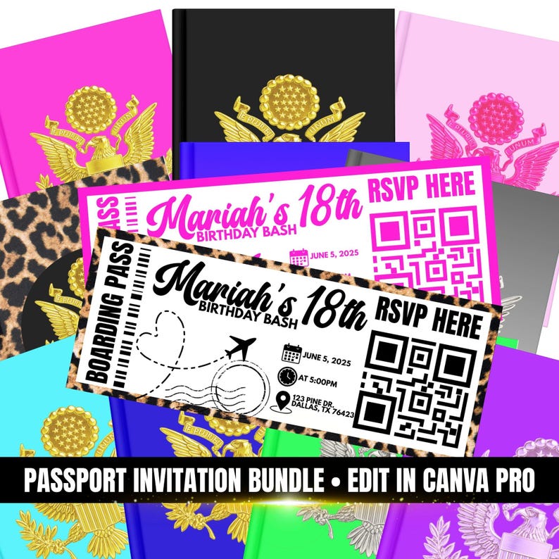 May include: A collection of passport-themed invitations for an 18th birthday party. The invitations feature a boarding pass design with the text "Mariah's 18th Birthday Bash" and RSVP information. The bundle includes various colors and designs.