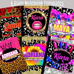 Puede incluir: Seis plantillas de cuadernos glamurosos con varios diseños. Los diseños incluyen nombres como Jenna, Kiara, Adriana y Maya, con temas como rosas, estampado de leopardo, labios y lápiz labial. También está presente el texto "Gainsville High School".