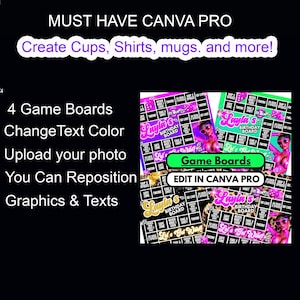 Puede incluir: Imagen que promociona las funciones de Canva Pro. El texto incluye "&iexcl;Crea tazas, camisetas, tazas y m&aacute;s!" y "4 tableros de juego". La imagen muestra tableros de juego con tem&aacute;tica de cumplea&ntilde;os con el texto "Layla's Birthday Board" y "Let's Get Wild."