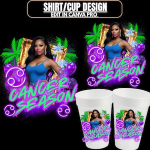 Adesivo de copo de isopor para câncer SZN, modelo de camiseta Canva, design de camisa, adesivos de copo de shot do zodíaco da temporada de câncer, tamanho de aniversário da festa de câncer