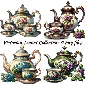 Könnte beinhalten: Eine Sammlung von vier Teekannen im viktorianischen Stil mit Blumendesigns. Jede Teekanne wird mit einer passenden Teetasse und Untertasse geliefert. Die Teekannen sind mit aufwendigen Details und zarten Blumenmustern in Rosa-, Lila- und Grüntönen verziert.