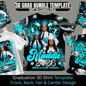 Puede incluir: Un diseño con temática de graduación con una camiseta, un abanico y otros elementos. El diseño incluye una foto de un graduado, el nombre "Maddie", el año "2026" y las palabras "Bellevue High". El diseño es en negro, blanco y turquesa.