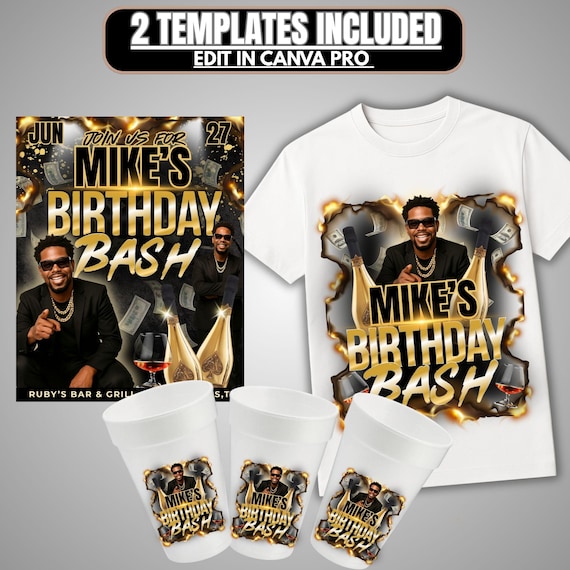 Club Flyer For Men T shirt Design Canva Template Birthday Invitation, Birthday Party Flyer, Male Birthday Flyer, Birthday Bash Personalized