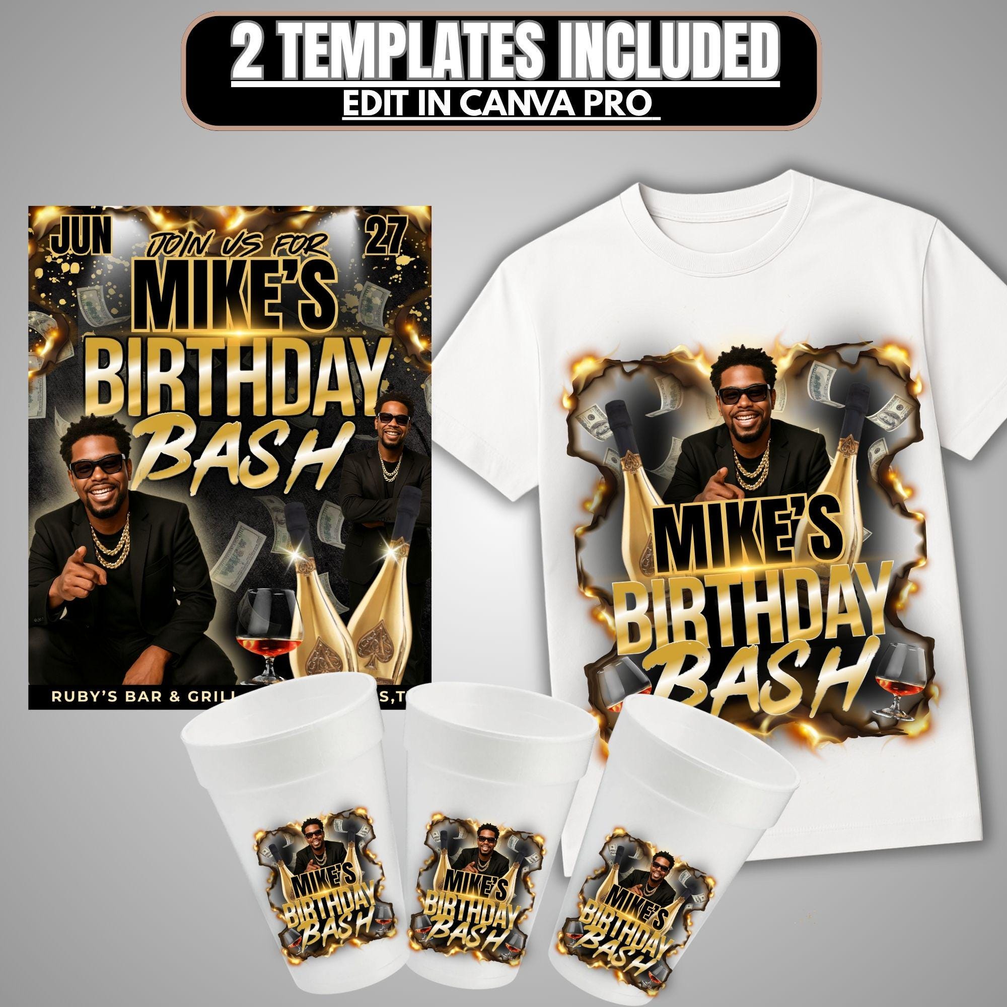 Club Flyer For Men T shirt Design Canva Template Birthday Invitation, Birthday Party Flyer, Male Birthday Flyer, Birthday Bash Personalized