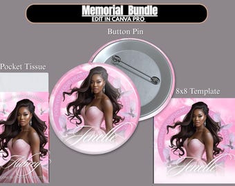 May include: A memorial bundle featuring a button pin, pocket tissue, and an 8x8 template. The design includes a woman in a pink dress, doves, and the text "Forever in Our Hearts". The button pin is round with a pin back.