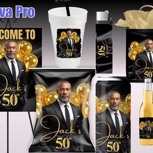 May include: Party supplies with a black and gold theme, featuring a man in a suit and the text "Jack's 50th". Includes a banner, cup, lighter, gift bag, chip bag, can, and two beer bottles.