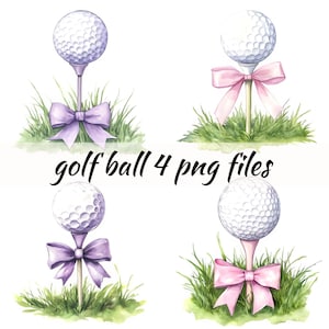 Clipart de golf rosa en acuarela: pelota de golf con lazo rosa, uso comercial, golf morado PNG
