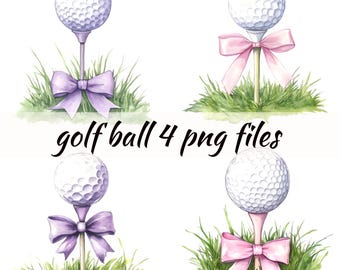 Watercolor Pink Golf Clipart- Golf ball Pink Bow Commercial Use Purple Golf PNG
