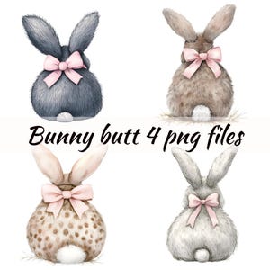 Bunny Butt Clipart PNG Collection -Watercolor Instant Download of Four Whimsical Rabbit Designs with Pink Bows for Spring Decor