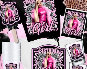 May include: A party bucket bundle featuring a black t-shirt with a pink "Birthday Girl" design, a pink and black design on cups, shot glasses, and a decorative sign. Black balloons are in the background.