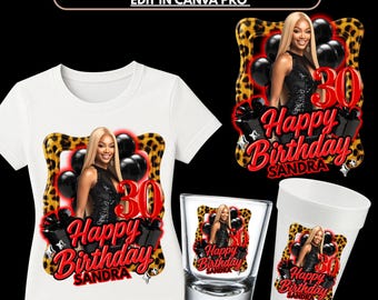 Birthday Cup Sticker png Canva Template Cheetah Birthday Design, Styrofoam Cup Custom Birthday Cup Editable Shirt Shot Glass