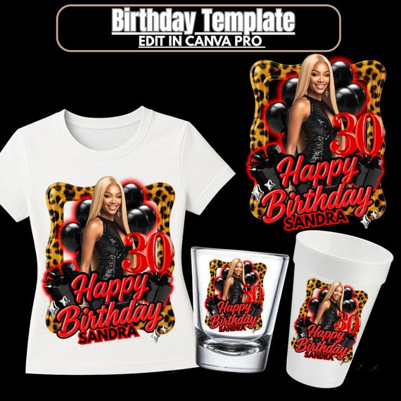 Birthday Cup Sticker png Canva Template Cheetah Birthday Design, Styrofoam Cup Custom Birthday Cup Editable Shirt Shot Glass