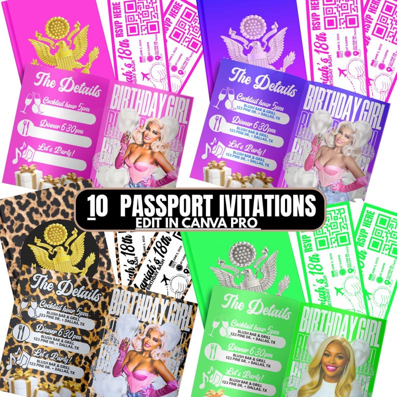 May include: A collection of passport-style invitations in pink, purple, and green, featuring a glamorous woman and event details. The invitations have gold accents and the text "10 PASSPORT IVITATIONS EDIT IN CANVA PRO".