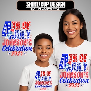 4. Juli Familienfeier 2025 Canva Template T-Shirt Design Personalisierter Name Familientreffen 4.Juli Matching, Patriotisch