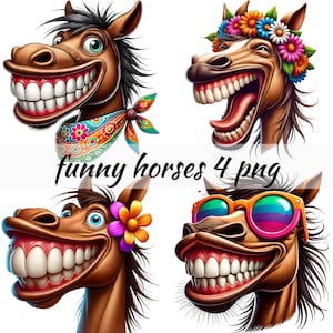 Verrückte Lustige Pferde Clipart Bundle - bunte Comic Pferdeköpfe mit Grinsen zum sofortigen Download