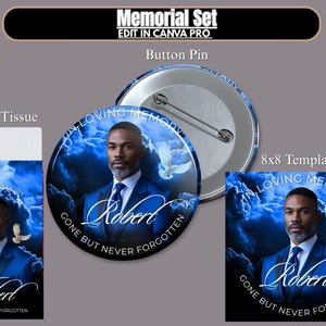May include: Memorial set featuring a button pin, pocket tissue, and an 8x8 template. Each item displays a portrait of a man in a blue suit against a blue sky background with doves and the text "In Loving Memory, Gone But Never Forgotten."