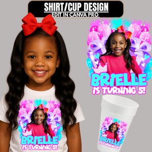 Modello Canva per maglietta personalizzata per festeggiata, nome personalizzato, foto, maglietta rosa e blu per compleanno, maglietta per compleanno modificabile, maglietta per bambini piccoli
