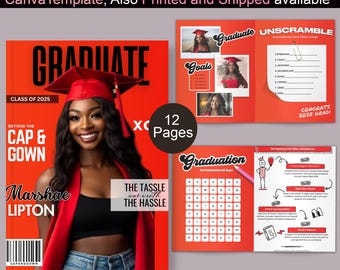 Puede incluir: Un folleto de revista de graduación con una portada roja y negra que presenta a una graduada con birrete y toga. La revista incluye páginas con crucigramas, metas y el texto "Clase de 2025". El folleto tiene 12 páginas.