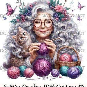Funny Knitting Clipart- Old Lady Knitting With Cat - Grandma Senior Lady Crochet- Png- Commercial Use