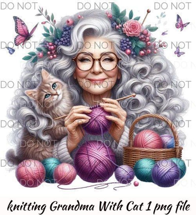 Funny Knitting Clipart- Old Lady Knitting With Cat - Grandma Senior ...
