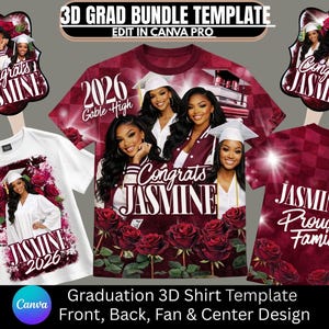 May include: A graduation-themed shirt template bundle featuring a maroon and white color scheme. The design includes photos of graduates, the text "Congrats Jasmine," and "Jasmine's Proud Family." The bundle includes front, back, fan, and center designs.