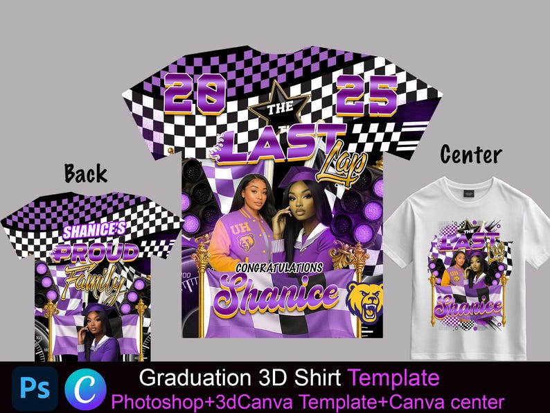May include: A purple and white graduation shirt template with a checkered pattern and the text "The Last Lap" and "Congratulations Shanice".